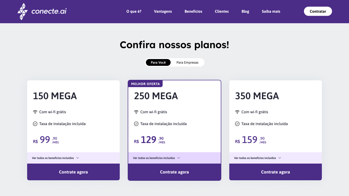 Vitrine de planos Conecte.ai no desktop